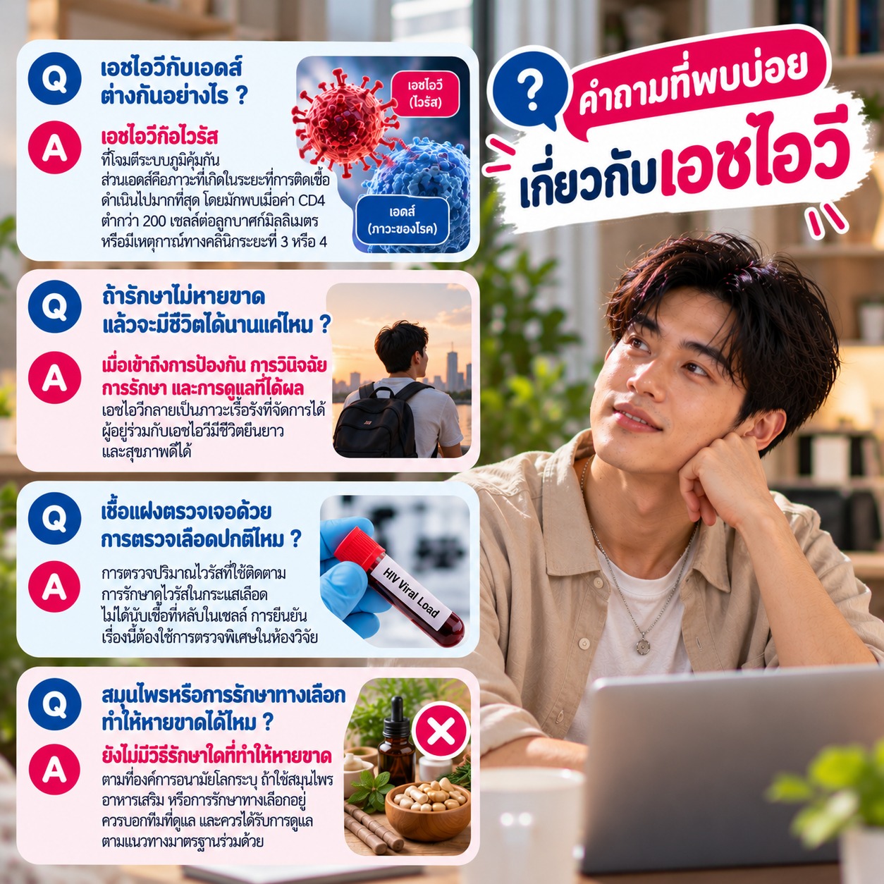 ภาพคำถามที่พบบ่อยเกี่ยวกับความแตกต่างระหว่างเอชไอวีกับเอดส์ การมีชีวิตยืนยาวด้วยยาต้านไวรัส การตรวจหาเชื้อแฝง และข้อเท็จจริงเกี่ยวกับการรักษาทางเลือก